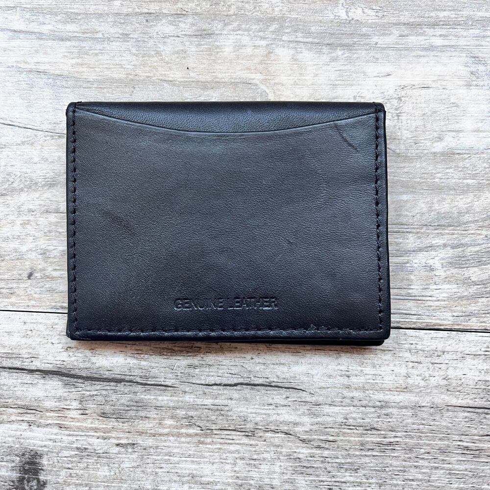Black Genuine Leather Bifold Wallet Minimalist Slim ID Card Holder Men's Fold